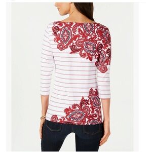 Charter Club Petite XL Boatneck 3/4 Sleeve Top Red White Stripe Paisley NWT